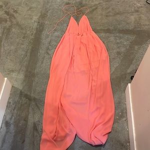 Tie halter top formal dress. Sheer bottom with to the knees lining under